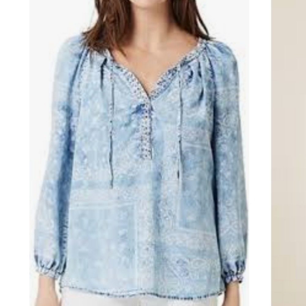Vintage America Top Caremella Boho Tencel Blue Sky Print Blouse